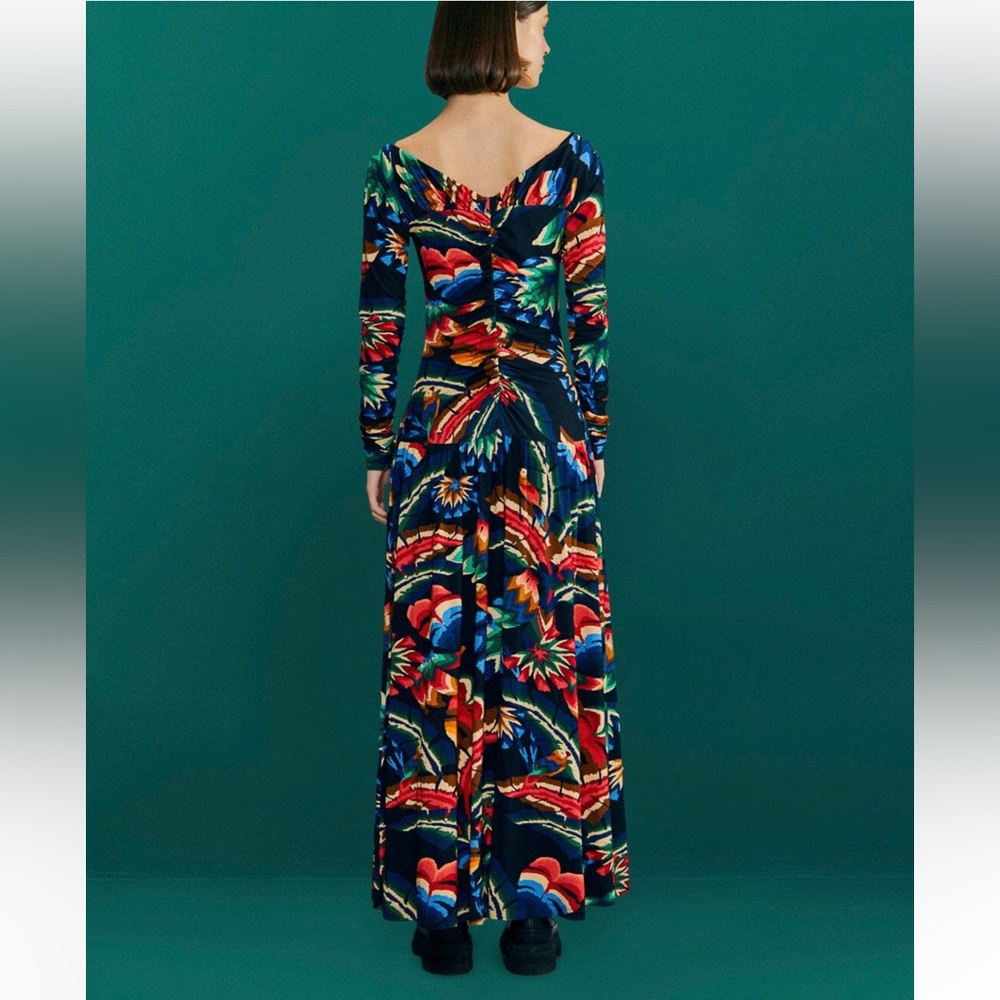 Farm Rio NWT Chevron Forest Black Jersey Dress colorful with long Sleep - Picture 2 of 12